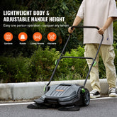 Walk-behind floor sweeper with 25.6-inch 5-gallon dustbin, folding handle with adjustable angle and height